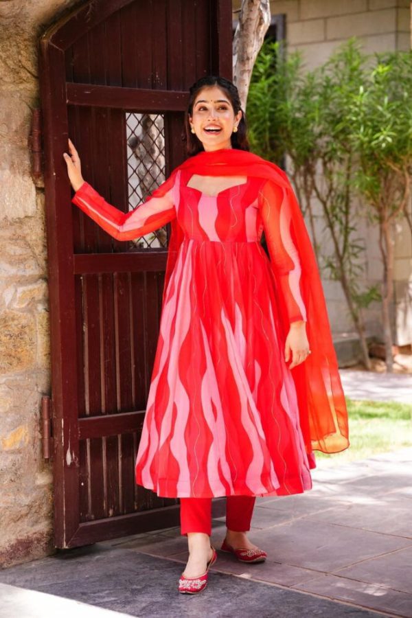 Sublime Red Color Tabby Silk Organza Digital Printed Salwar Suit 2 1