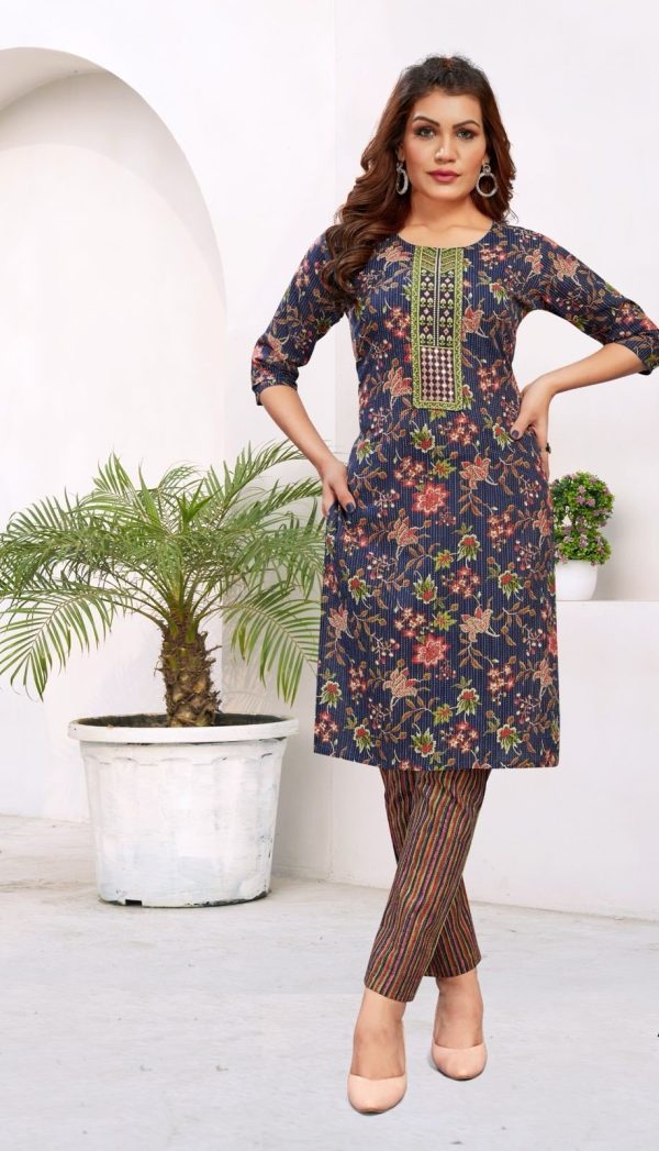 Sublime Royal Blue Cambric Cotton Print Embroidery Work Kurti
