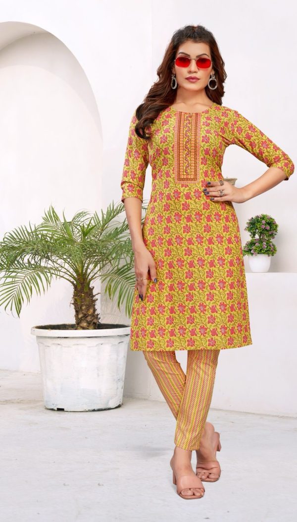 Sublime Yellow Color Cambric Cotton Print Embroidery Work Kurti