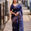Superb Blue Color Plain Linen Digital Printed All Over Work Saree
