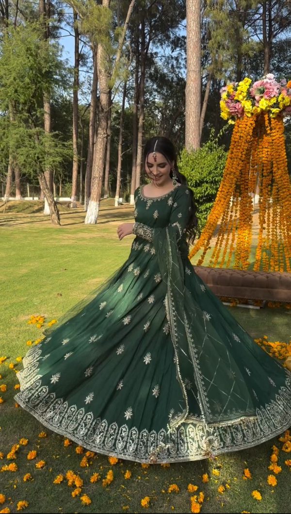 Superb Green Color Chinnon Silk Embroidery Sequence Sharara Suit