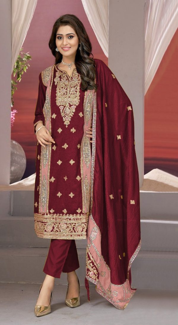 Superb Maroon Vichitra Embroidery Codding Sequence Salwar Suit 1