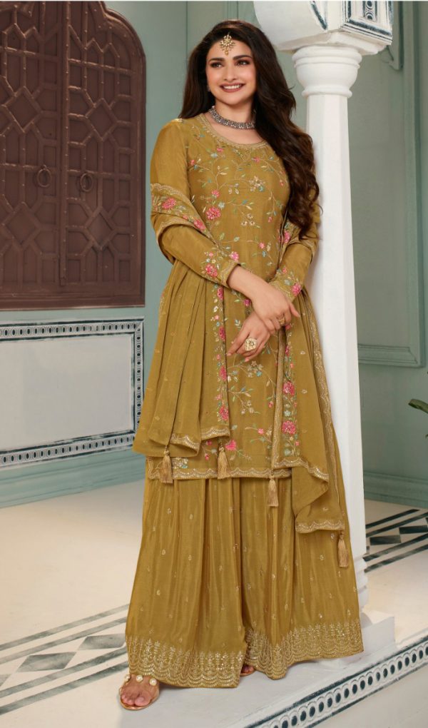 Superb Mustard Color Chinon Embroidery Multi Work Salwar Suit