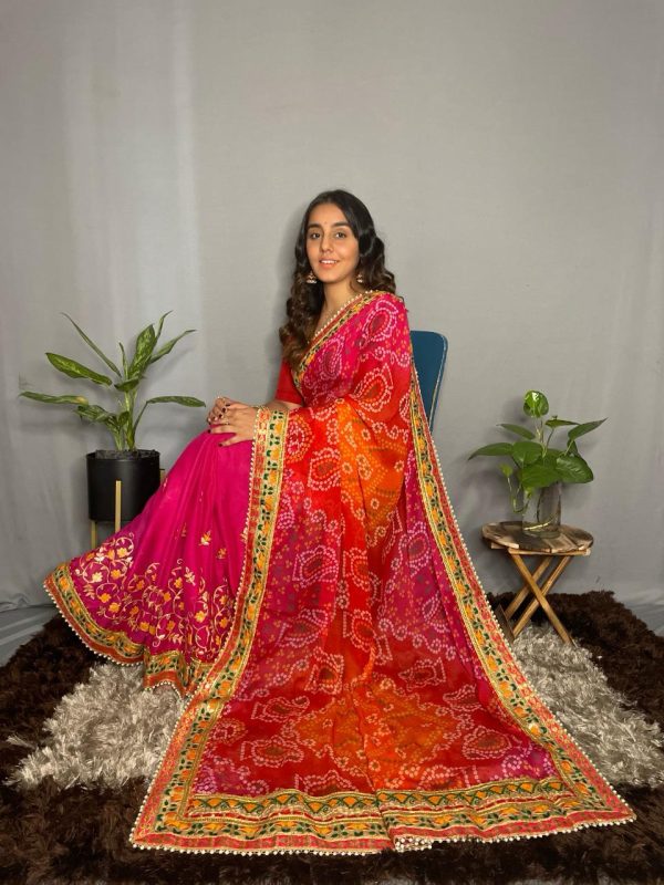 Superb Pink Color Chiffon Material Double Shaded Work Saree