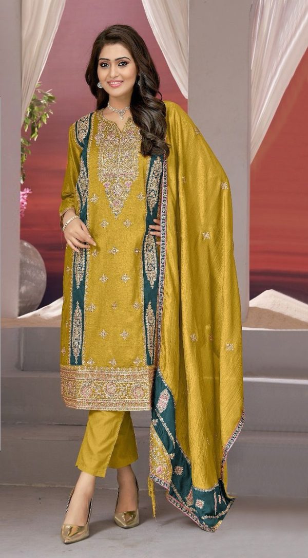 Superb Yellow Vichitra Embroidery Codding Sequence Salwar Suit 2 1