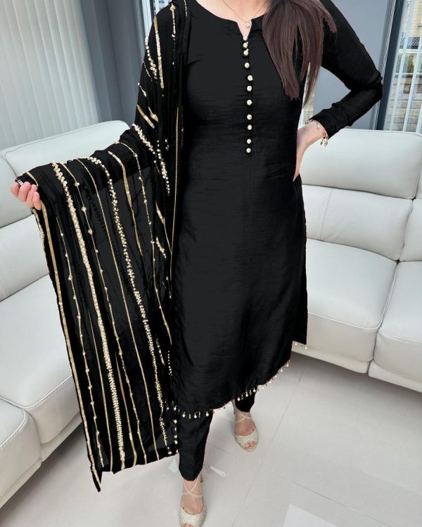 Aglow Black Chinnon Silk Embroidery Coding Dori Salwar Suit