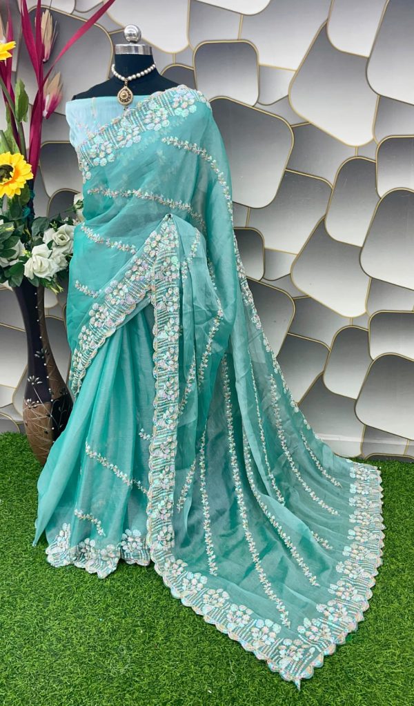Aglow Blue Color Jimi Choo Silk Beautiful Embroidery Saree