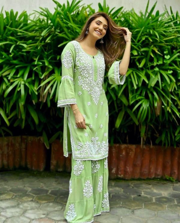Aglow Green Color Rayon Chicken Keri Embroidery Sharara Suit