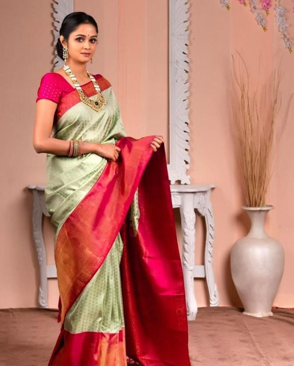 Aglow Pista Green Color Soft Lichi Silk Jacquard All Over Saree