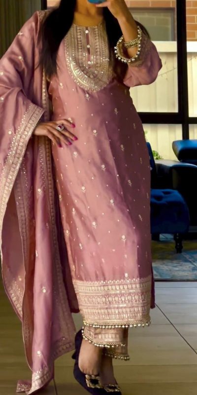 Aglow Red Color Chinon Silk Embroidery Sequence Salwar Suit