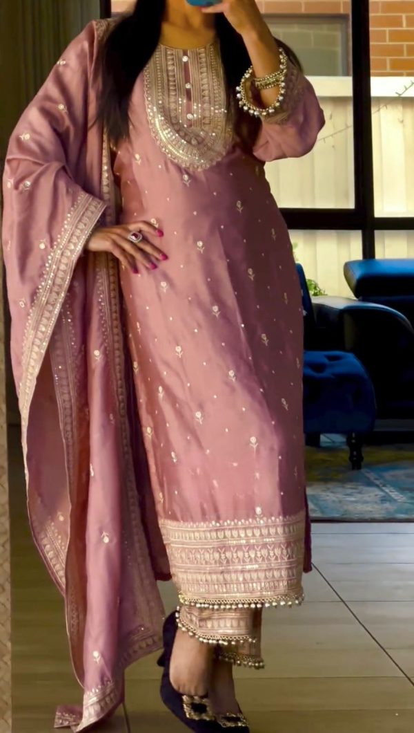 Aglow Red Color Chinon Silk Embroidery Sequence Salwar Suit