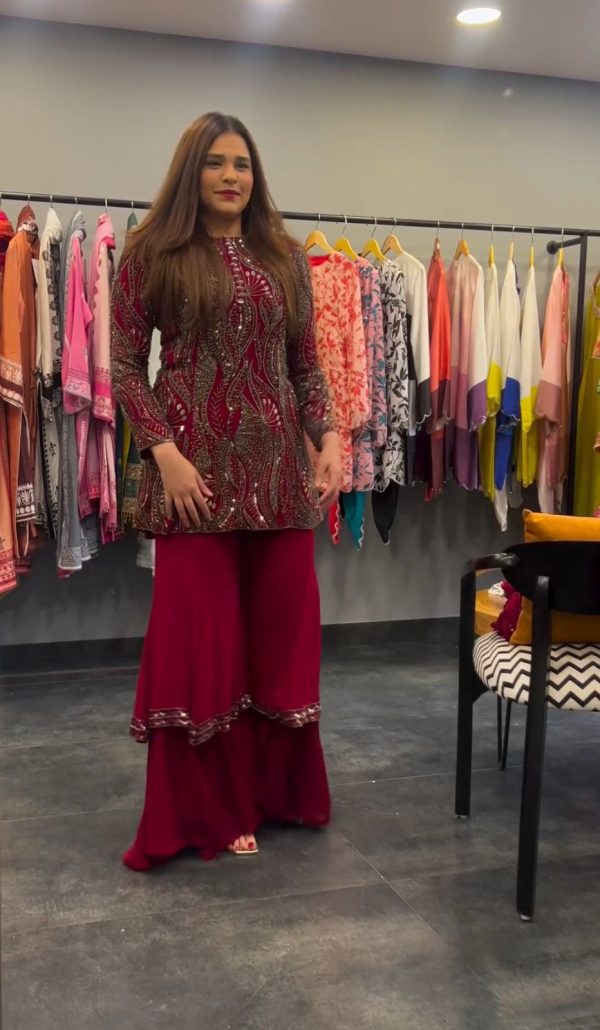 Aglow Red Color Georgette Sequence Embroidery Salwar Suit
