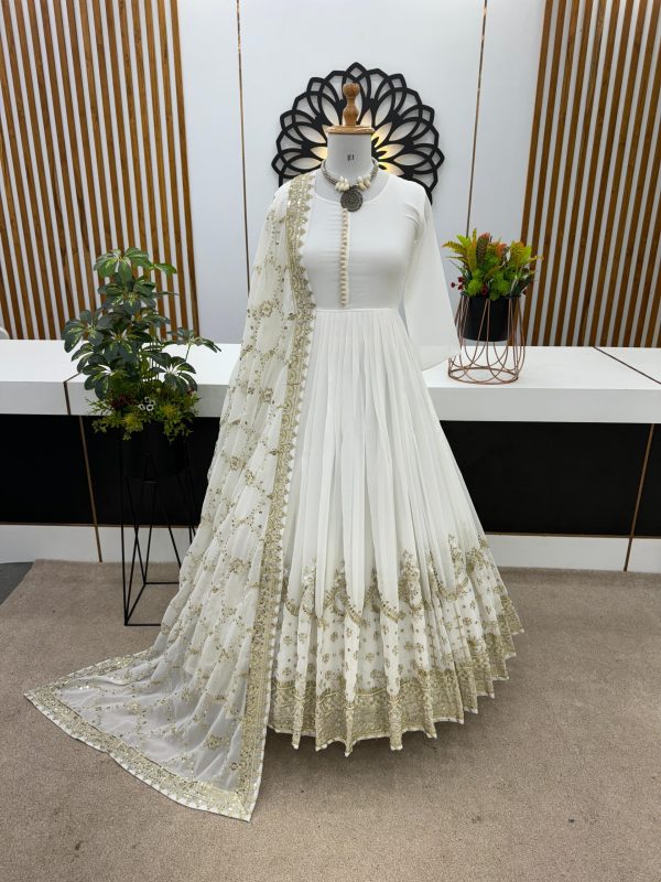 Alluring White Color Georgette Embroidery Sequence Salwar Suit