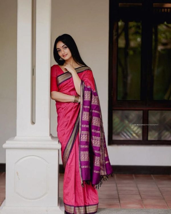 Artful Pink Color Soft Lichi Silk Cloth Jacquard All Over Saree