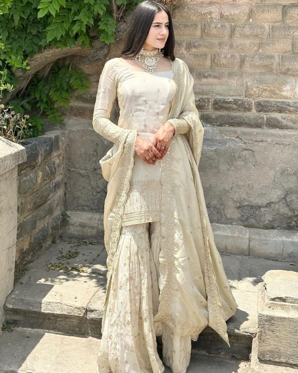 Attractive Grey Color Chinnon Silk Embroidery Work Salwar Suit