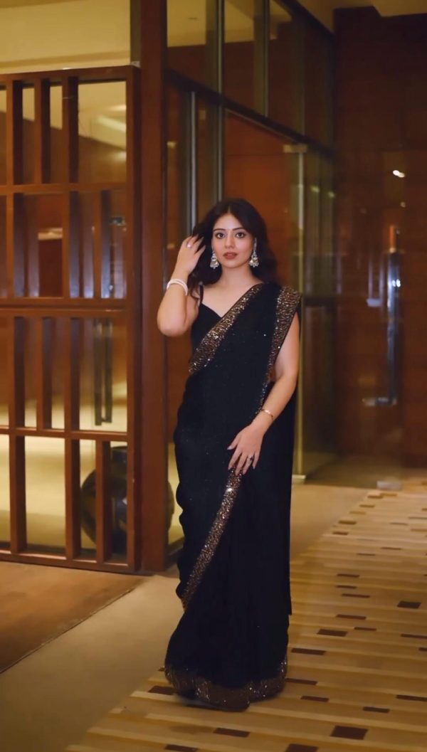 Beautiful Black Color Georgette Thread Sequence Work Saree