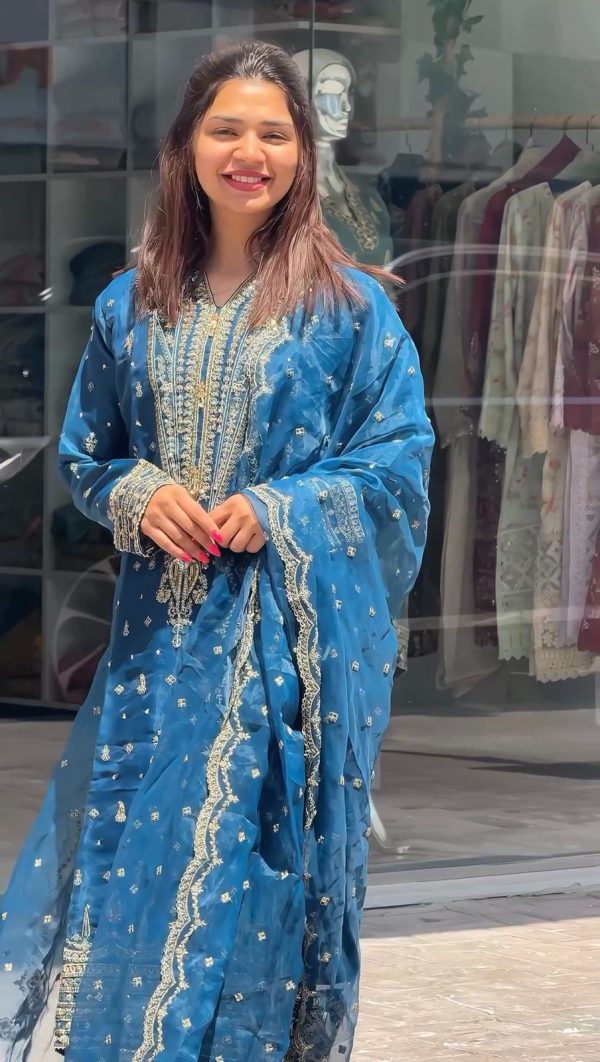Beautiful Blue Color Organza Silk Embroidery Work Sharara Suit
