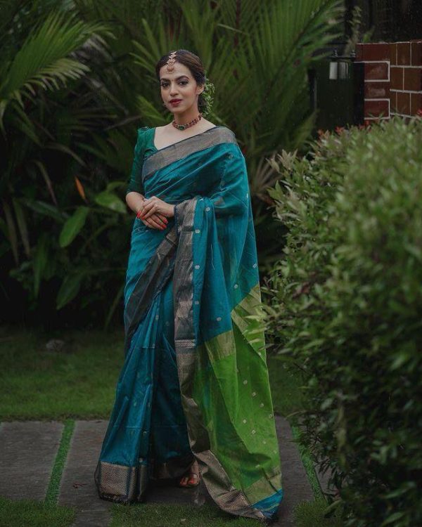 Beautiful Blue Color Soft Lilan Slab Weaving Work Saree