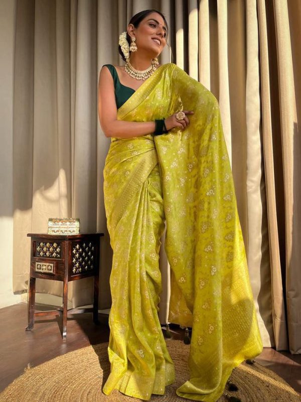 Beautiful Mustard Color Soft Lichi Silk Jacquard All Over Saree