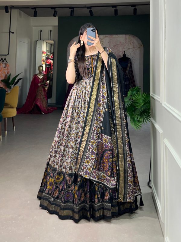 Classic Black Color Tussar Silk Floral Print With Foil Print Gown