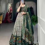 Classic Green Color Tussar Silk Floral Print With Foil Print Gown