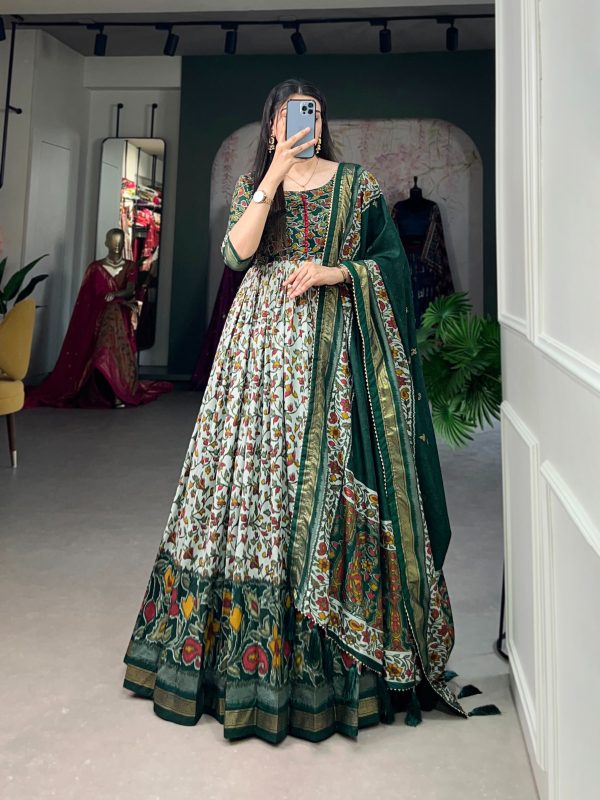 Classic Green Color Tussar Silk Floral Print With Foil Print Gown