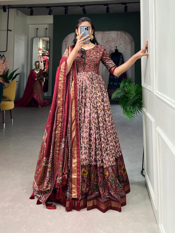 Classic Maroon Color Tussar Silk Floral Print With Foil Print Gown