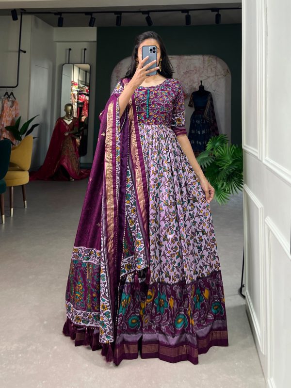 Classic Purple Color Tussar Silk Floral Print With Foil Print Gown