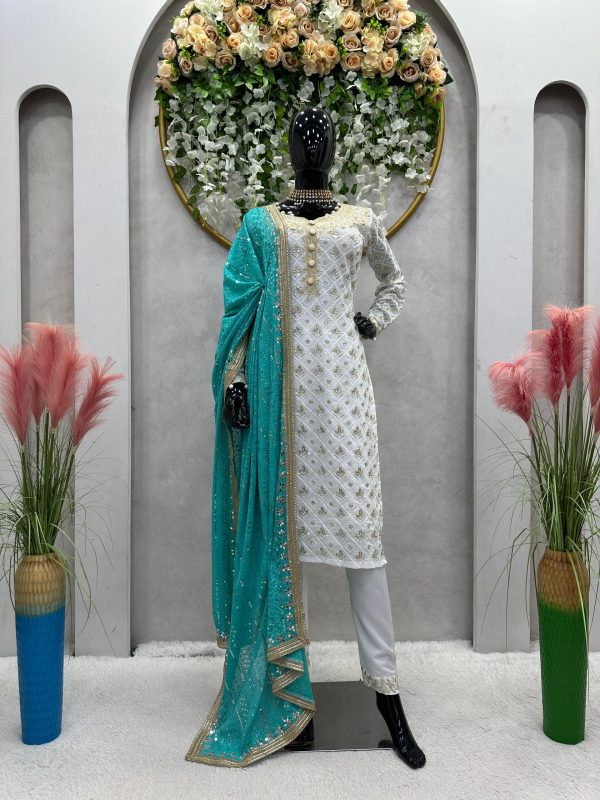 Classic White & Blue Georgette Thread Sequence Salwar Suit