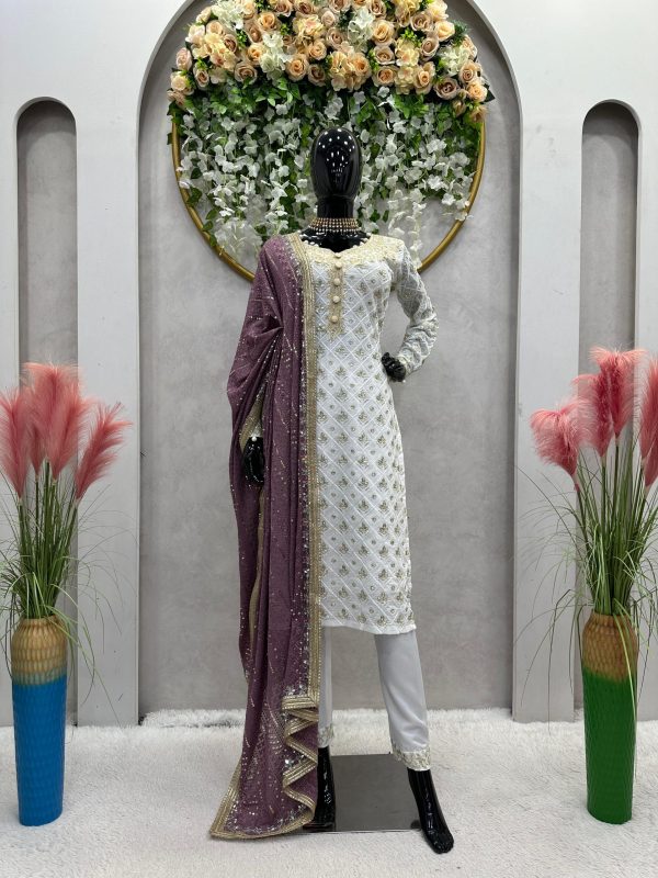 Classic White Color Georgette Thread Sequence Salwar Suit