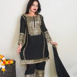 Elegant Black Color Pure Chinnon Silk Embroidery Salwar Suit