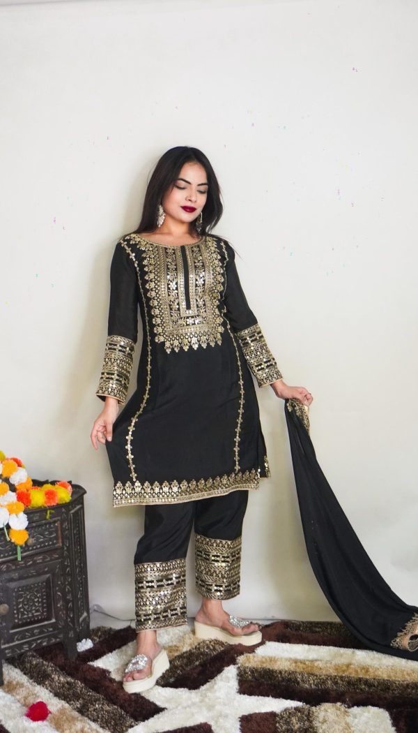 Elegant Black Color Pure Chinnon Silk Embroidery Salwar Suit