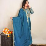 Elegant Blue Color Pure Chinnon Silk Embroidery Salwar Suit