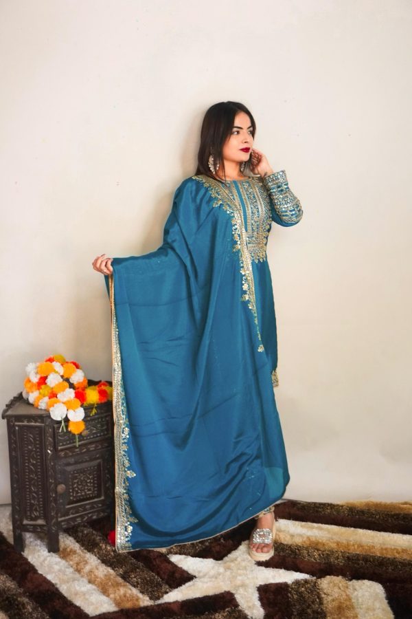 Elegant Blue Color Pure Chinnon Silk Embroidery Salwar Suit