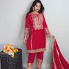 Elegant Red Color Pure Chinnon Silk Embroidery Salwar Suit