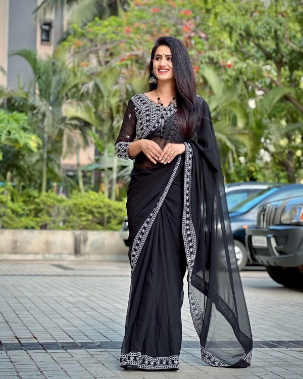 Glamorous Black Color Georgette Embroidery Sequence Saree