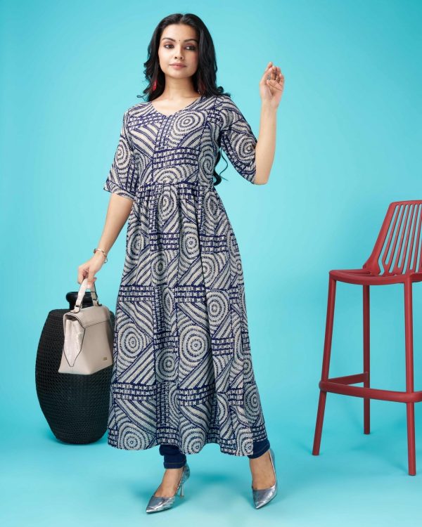 Glamorous Blue Color Rayon Foil Print With Dori Pattern Gown