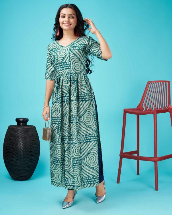 Glamorous Green Color Rayon Foil Print With Dori Pattern Gown