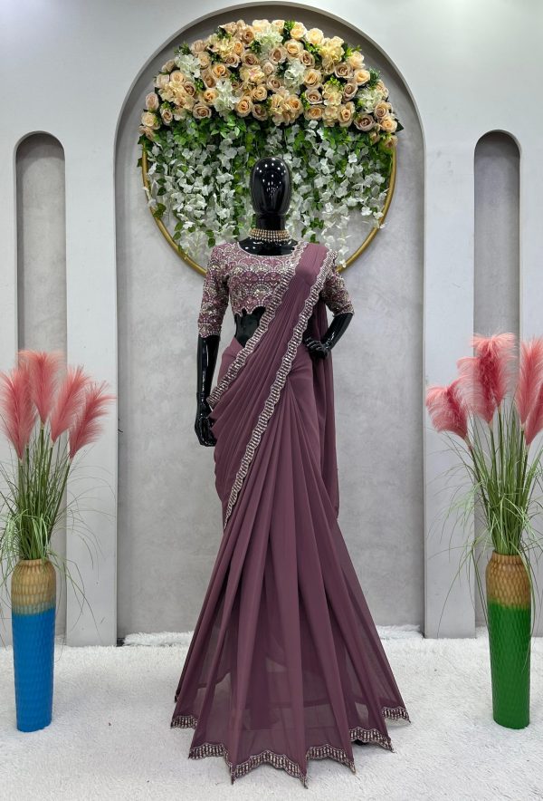 Glamorous Peach Color Georgette Thread Sequence Work Saree