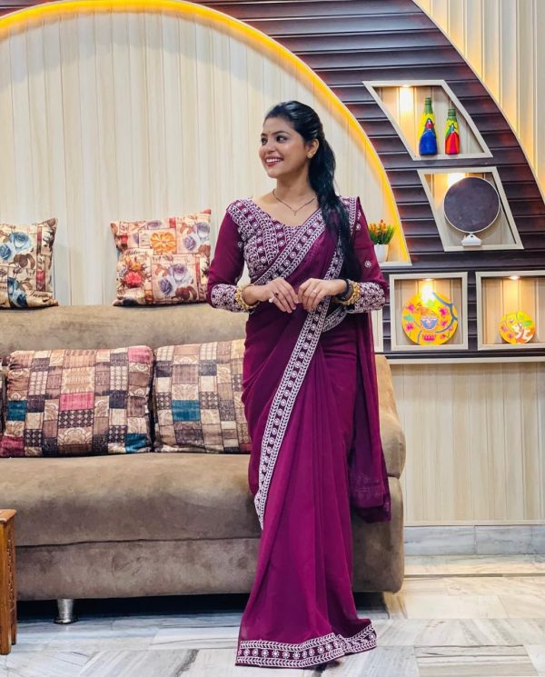 Glamorous Purple Color Georgette Embroidery Sequence Saree