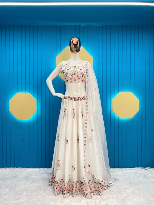Glamorous White Chinon Sequence Embroidery Lehenga Choli
