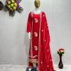 Gorgeous Red Color Roman Silk Embroidered Salwar Suit