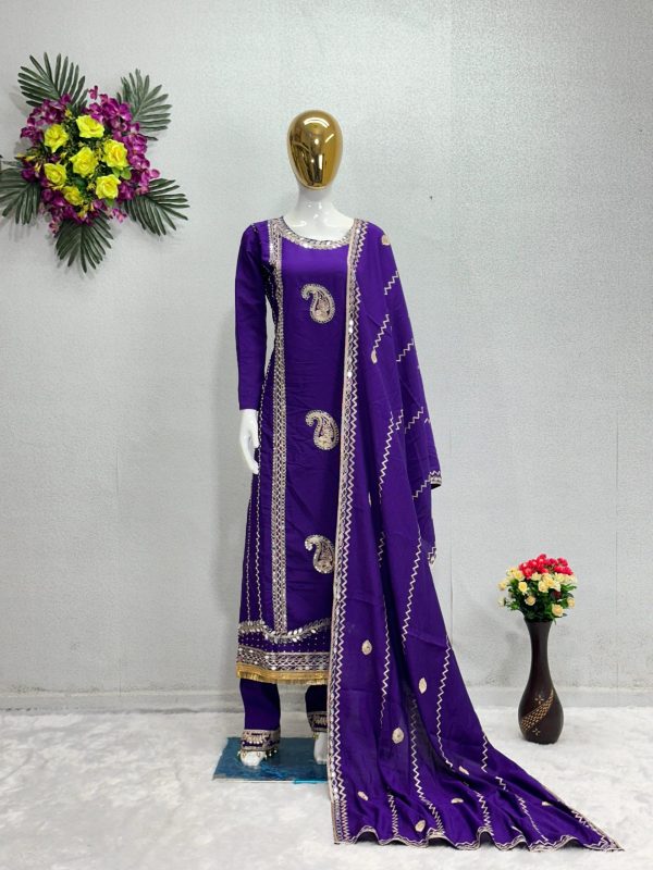 Gorgeous Violet Color Roman Silk Embroidered Salwar Suit