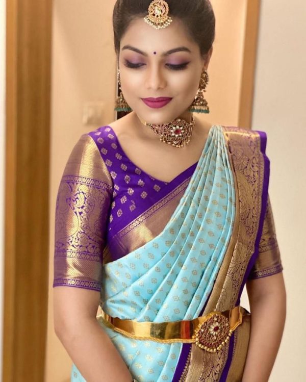 Graceful Blue Color Soft Lichi Silk Jacquard All Over Saree