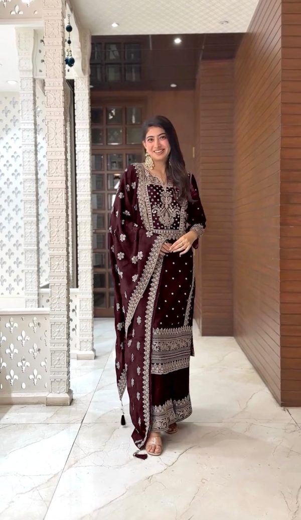 Grand Coffee Color Chinnon Embroidery Sequence Salwar Suit