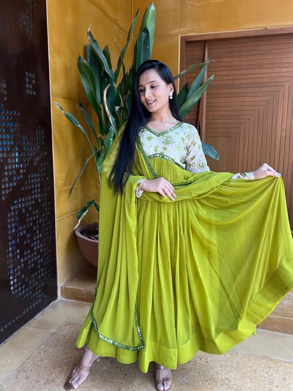 Luminous Green Color Fox Georgette Position Print Work Gown