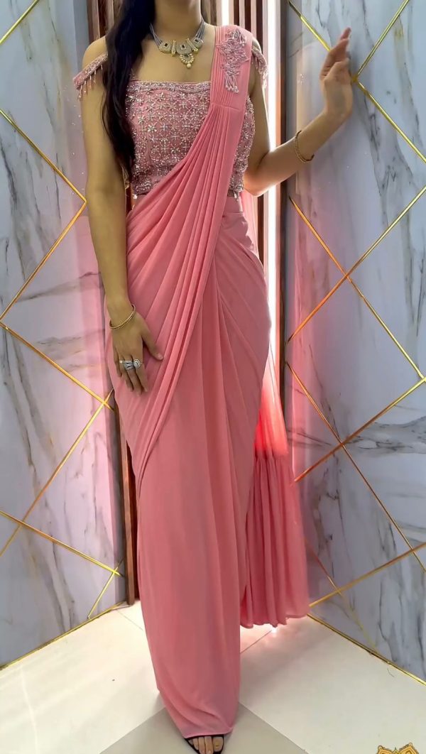 Majestic Pink Color Faux Georgette Sequence Embroidery Saree