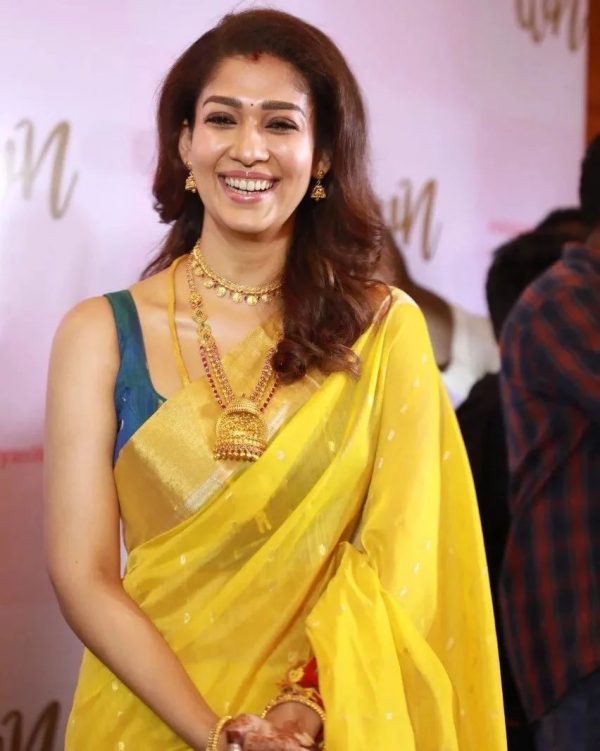 Nayanthara Yellow Color Soft Lichi Silk Jacquard All Over Saree