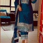 Nice Peacock Blue Color Chinnon Silk Embroidery Salwar Suit
