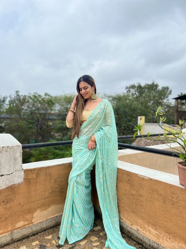 Perfect Aquamarine Color Georgette Embroidery Sequence Saree
